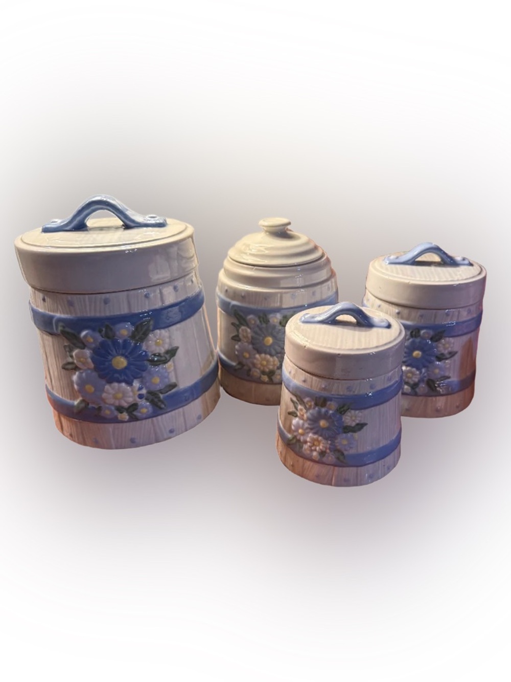 Vintage Hand-Painted Floral Ceramic Canister Set in Blue and Cream